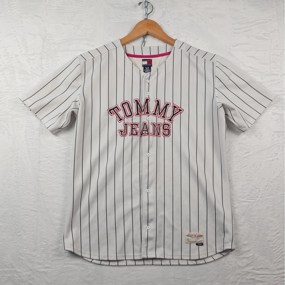VTG Tommy Hilfiger Baseball Jersey Mens Small White Pinstripe Tommy Jeans Y2K